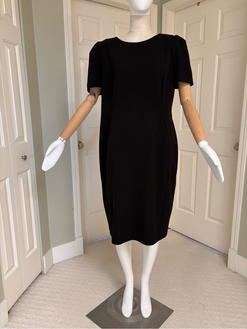 Calvin Klein Black Midi Shirt Sleeved Sheath Dress Sz 16 (true to size) Stretch